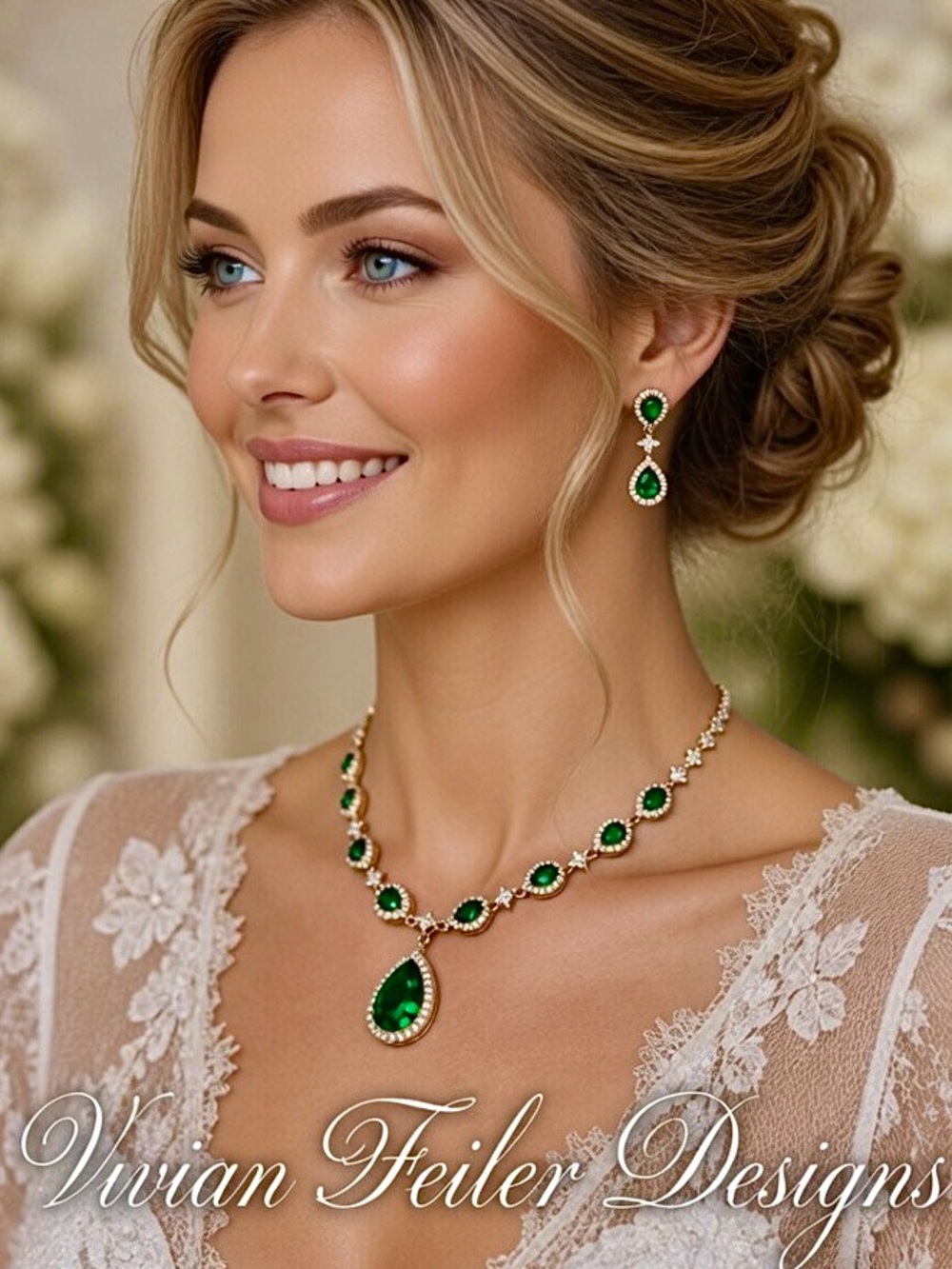 Emerald Green Gold Teardrop Necklace & Earrings Set CZ Wedding Bridal Jewelry